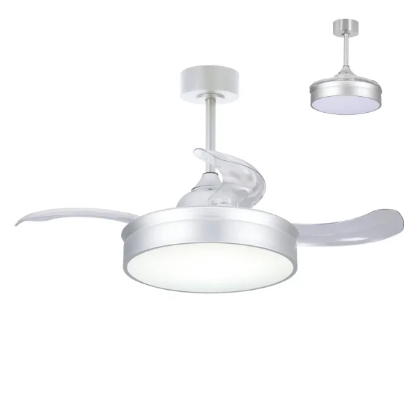 VENTILATEUR DE PLAFOND LED 24W RÉGLABLE ARGENT 4 PALES PLIABLES MOTEUR DC PALMA